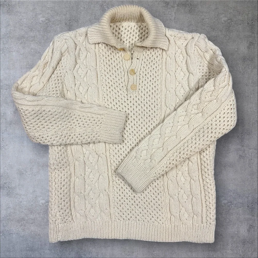 Hand-Knit Aran Fisherman Sweater Men’s Large Cream Wool Blend‎